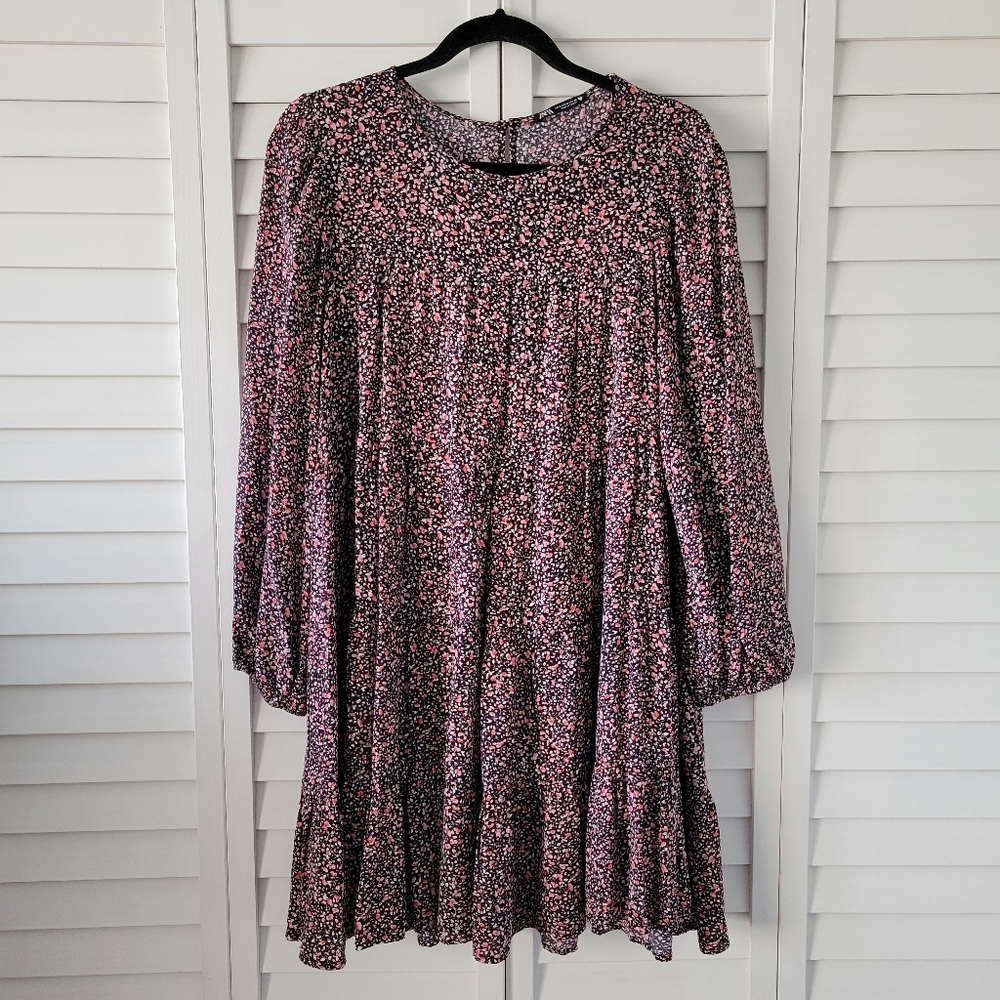 Zara Pink Ditsy Floral Tiered Long Balloon Sleeves Babydoll Mini Dress Size M